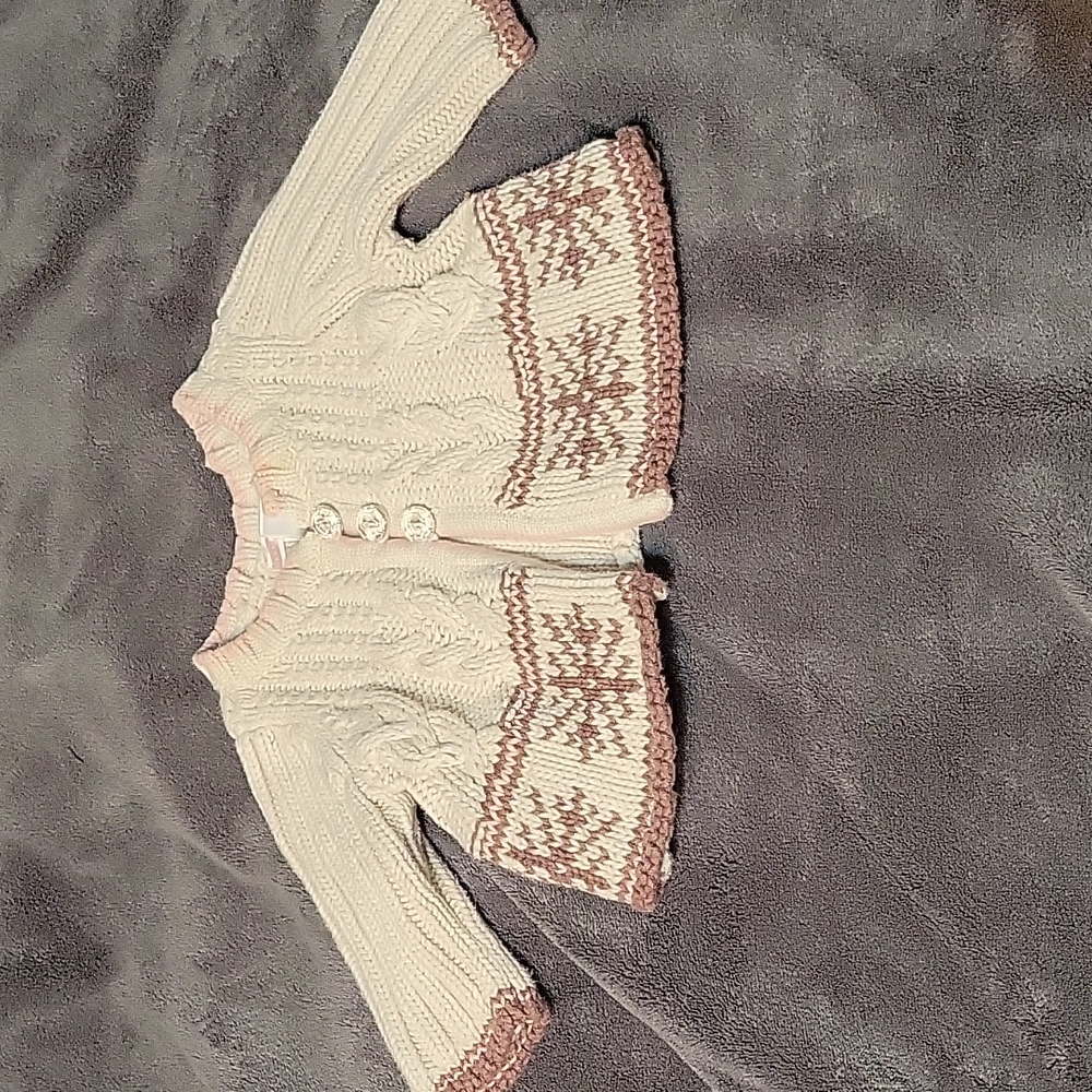 Old Navy Cream Cable Knit Sweater with Brown and Pink Snowflakes